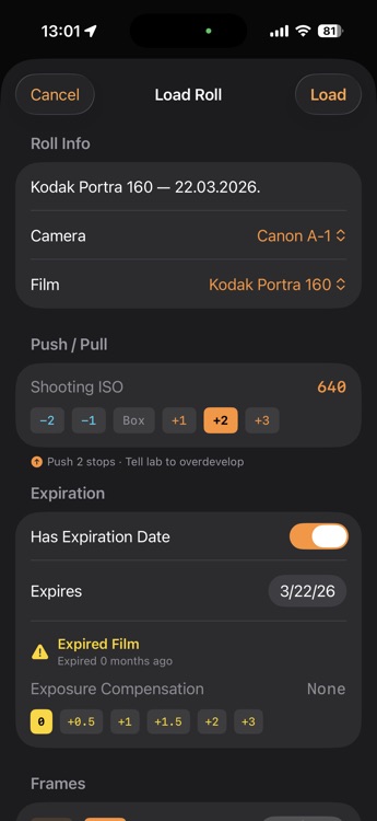 F8t film roll loading - Portra 160 push +2 with expired film warning on Canon A-1