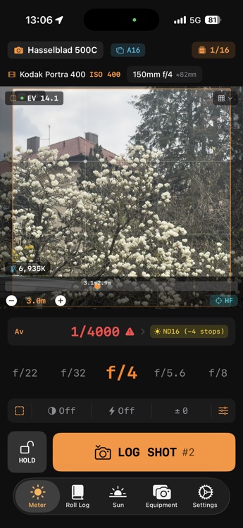 F8t smart warning suggesting ND16 filter when shutter speed exceeds 1/4000