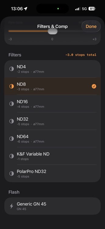 F8t ND filter selection panel with ND4 through ND64 and variable ND, showing -3.0 combined stops