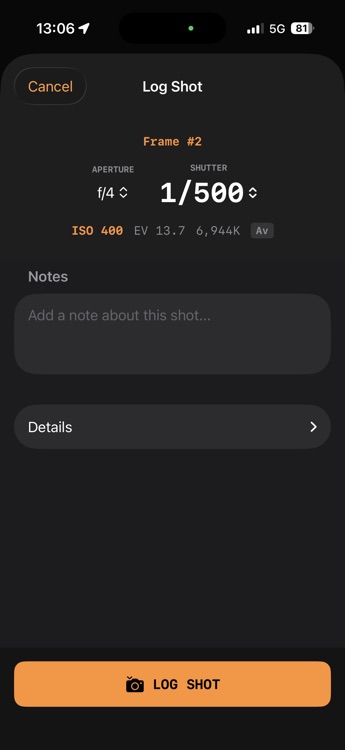 F8t shot log entry with 30+ metadata fields for analog photography