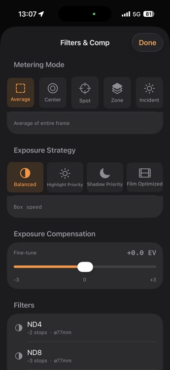 F8t five metering modes - average, center-weighted, spot, zone system, and incident with exposure strategy selector