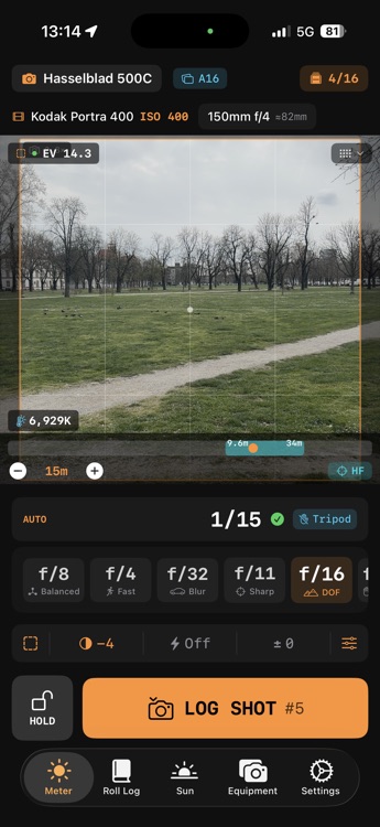 F8t auto exposure mode showing 5 optimized recommendations for film photography