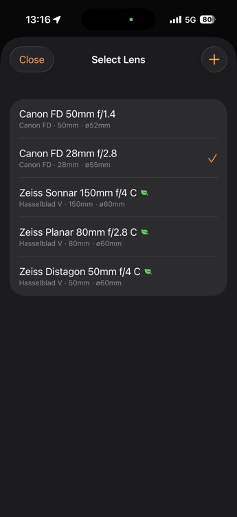 F8t lens database showing Canon FD and Zeiss lenses with leaf shutter indicators