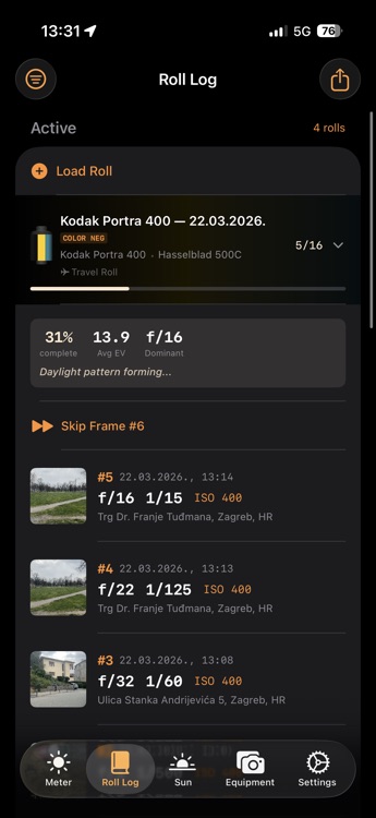 F8t film roll tracker showing 4 active rolls with frame counts and shooting patterns