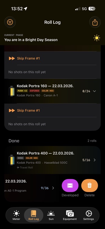 F8t roll log showing PUSH +2 and EXPIRED badges with seasonal shooting phase detection