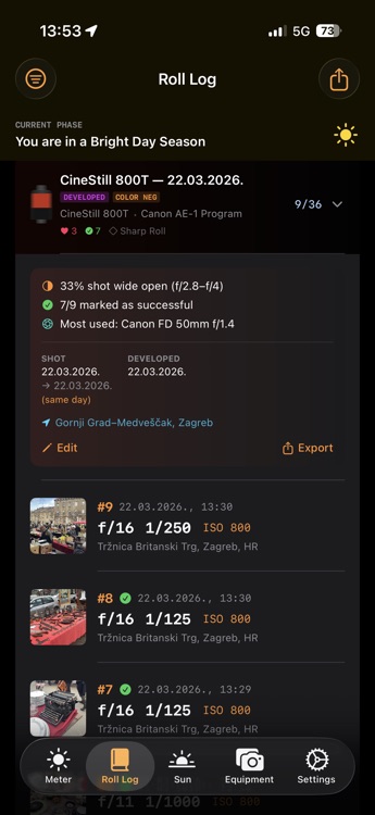 F8t developed roll stats with success rate, EXIF export, and shooting analytics