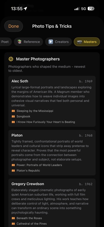 F8t master photographer profiles - Alec Soth, Platon, Gregory Crewdson with bios and notable works