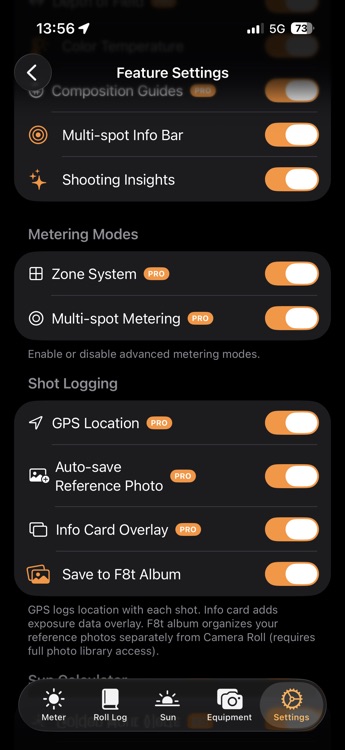 F8t pro settings - composition guides, zone system, multi-spot metering, GPS logging, and auto-save toggles