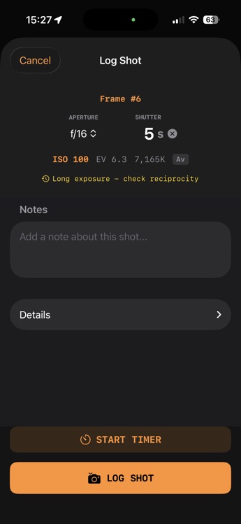 F8t long exposure shot log with reciprocity failure warning and start timer button