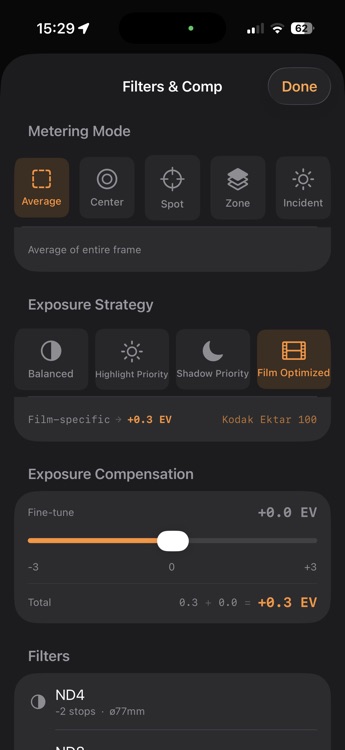 F8t film-optimized exposure strategy with per-stock compensation for Kodak Ektar 100